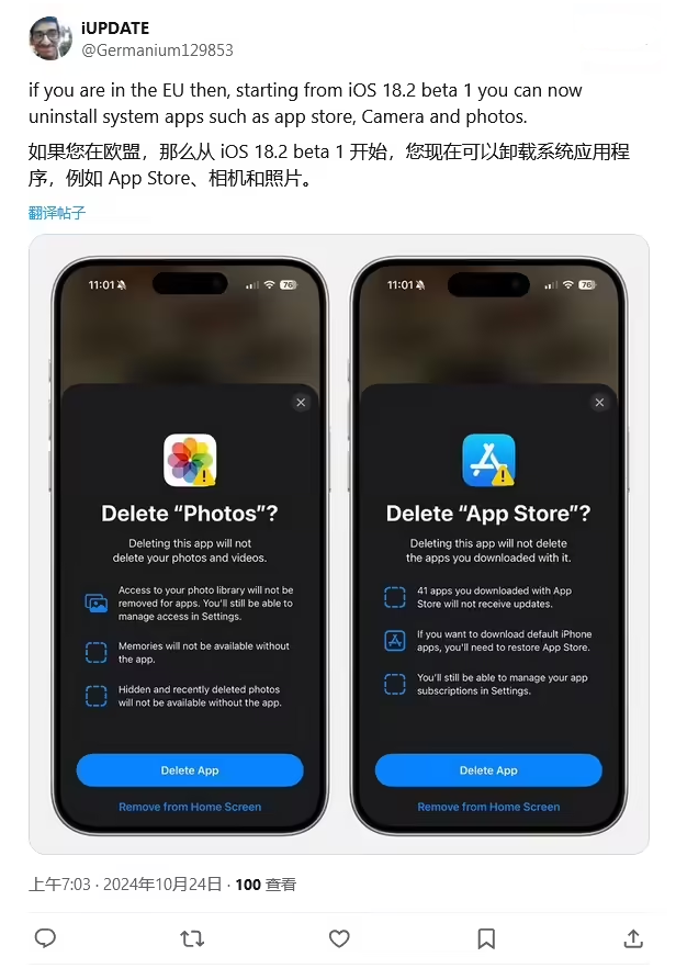 安宁苹果手机维修分享iOS 18.2 支持删除 App Store 应用商店 