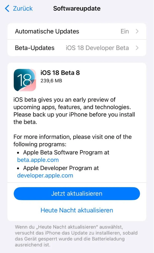 安宁苹果手机维修分享苹果 iOS / iPadOS 18 开发者预览版 Beta 8 发布 